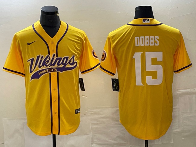 Men's Minnesota Vikings #15 Josh Dobbs Yellow Cool Base Stitched Baseball Jersey